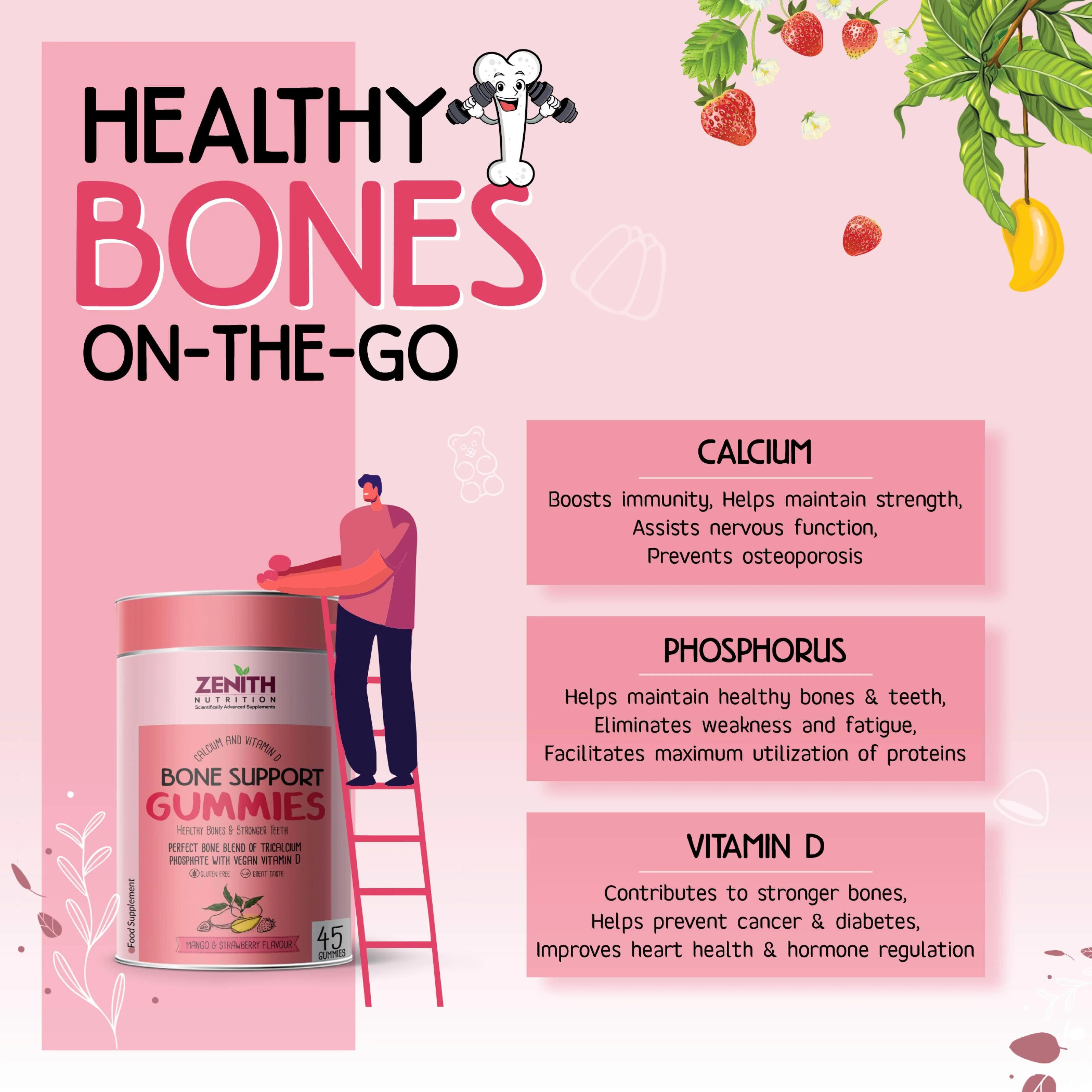 Zenith Nutrition Calcium & Vitamin D Bone Support Gummies - 45 counts | Perfect Blend of Tricalcium Phosphate With Vegan Vitamin D | Chewable | Improves Bone Strength - Image 5