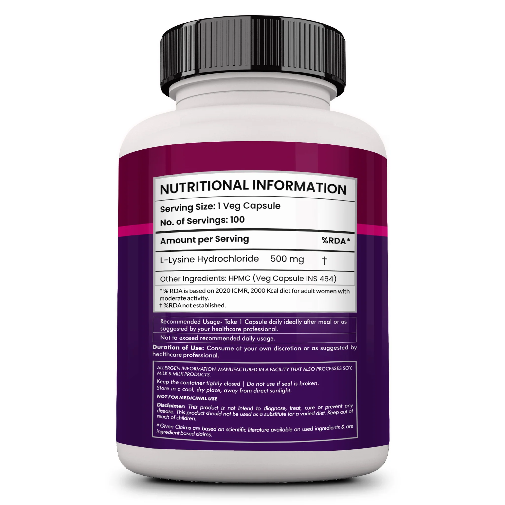 L-Lysine 500 mg – 100 Capsules - Image 3