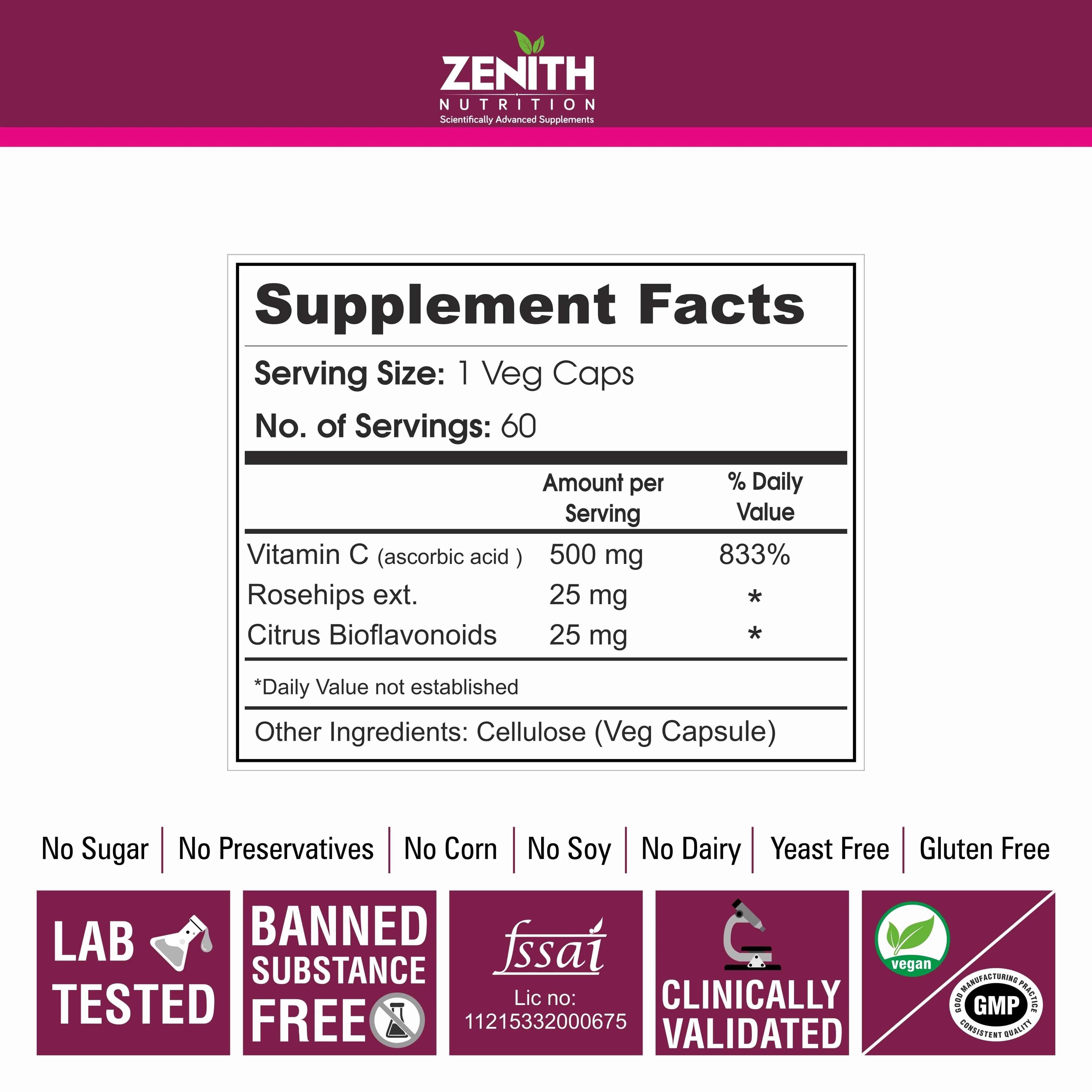 Vitamin C with Rosehips & Citrus Bioflavonoids, 500mg - 60 Veg caps - Image 4