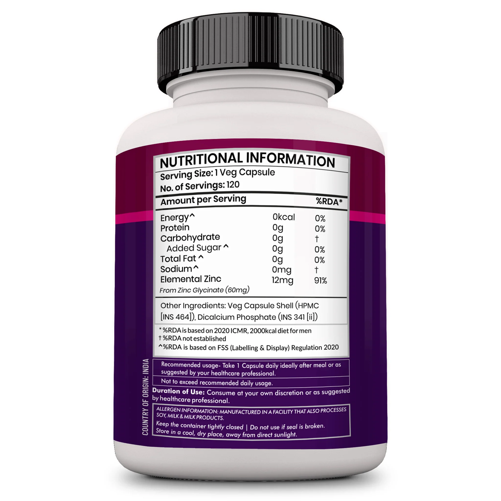 Zenith Nutrition Zinc Glycinate 12 mg 120 caps - Image 3