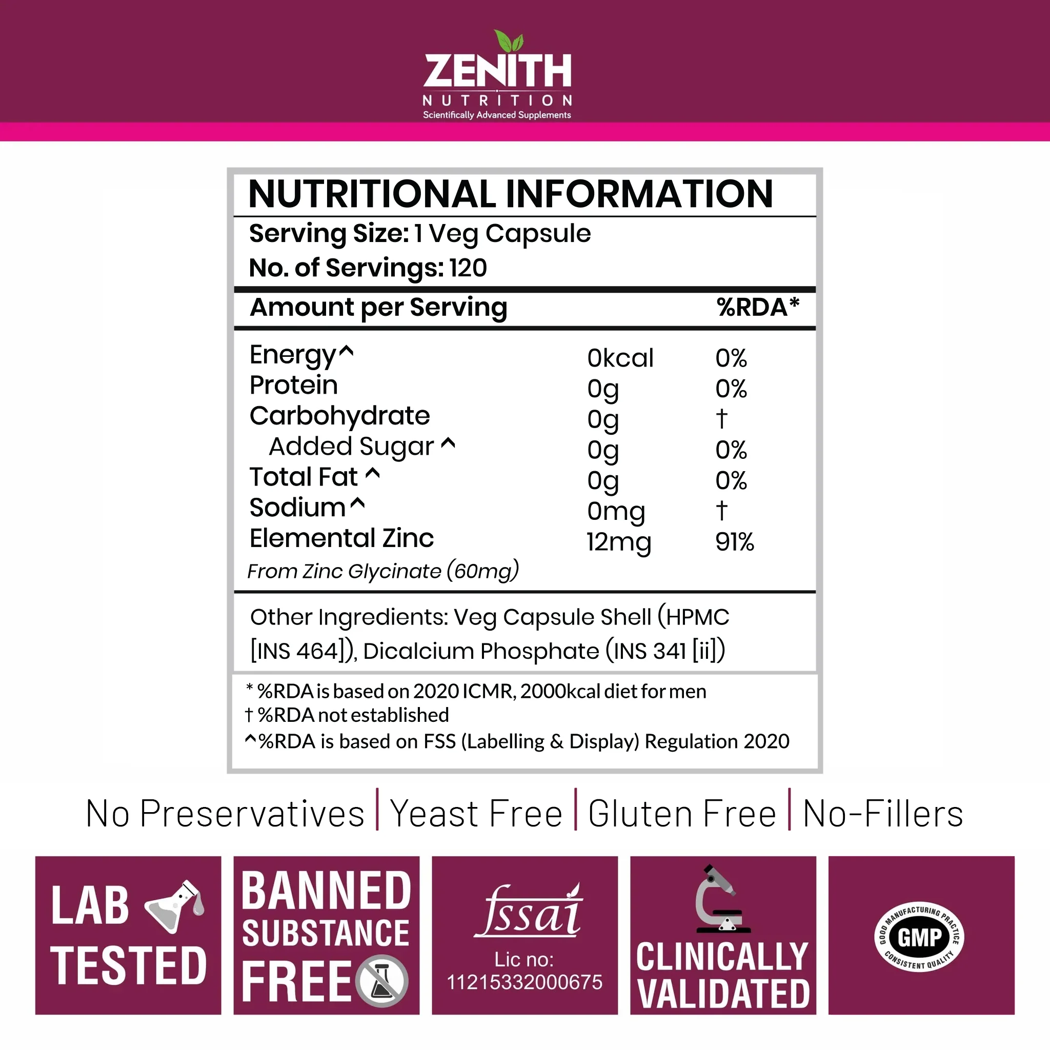 Zenith Nutrition Zinc Glycinate 12 mg 120 caps - Image 4