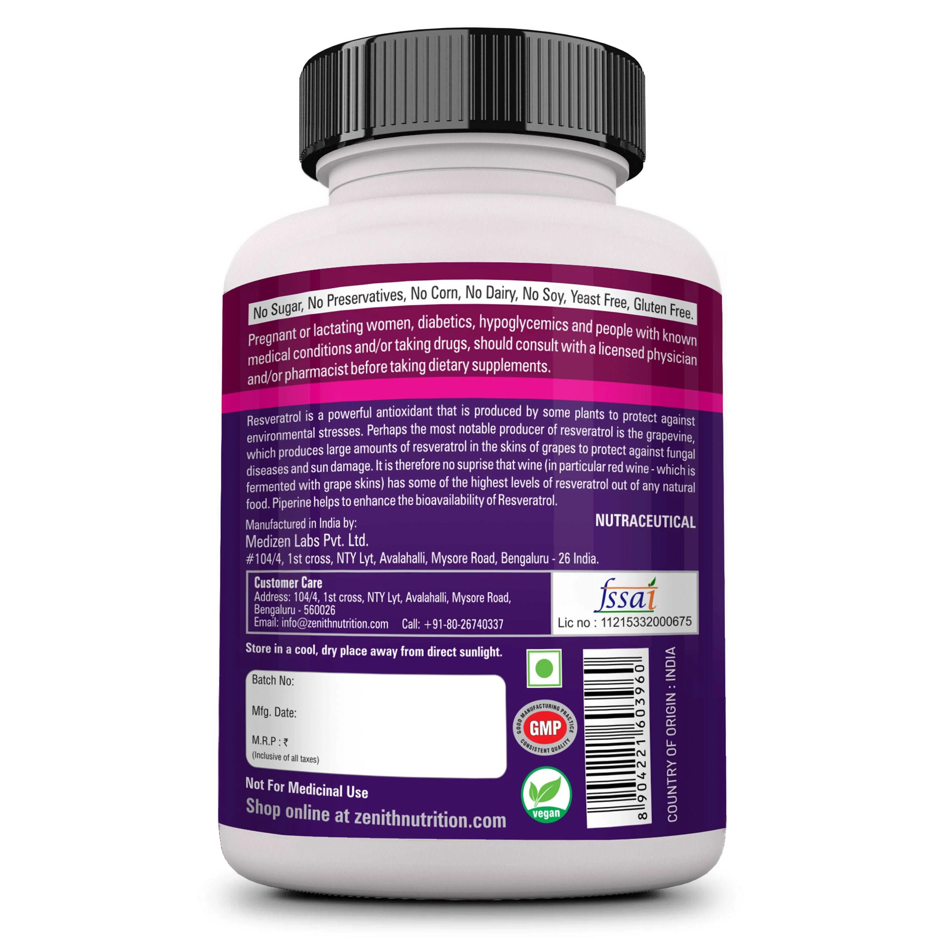 Zenith Nutrition Resveratrol with Piperine - 90 Veg Capsules | Super Antioxidant | Promotes Cardiovascular Health - Image 10