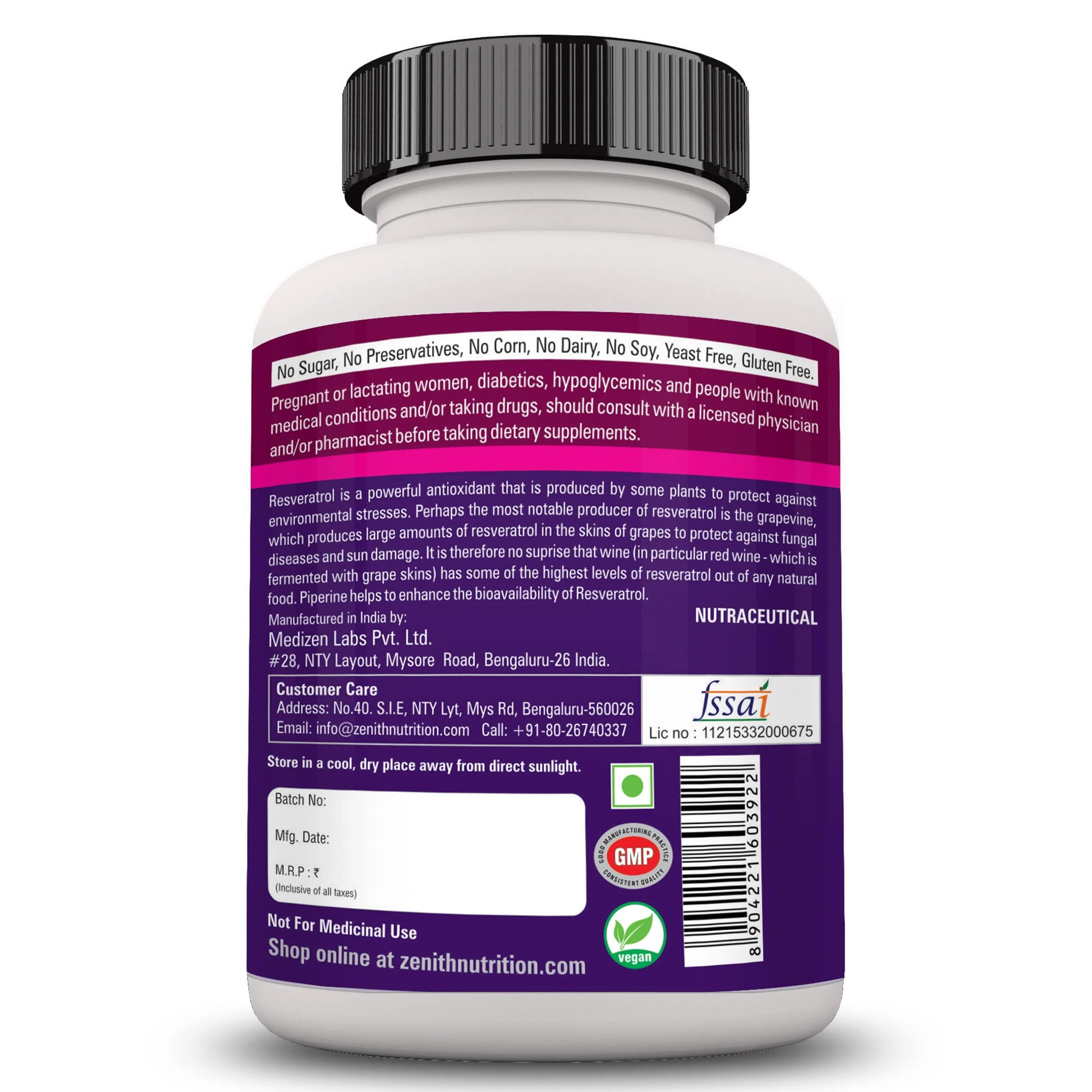 Zenith Nutrition Resveratrol with Piperine - 90 Veg Capsules | Super Antioxidant | Promotes Cardiovascular Health - Image 2